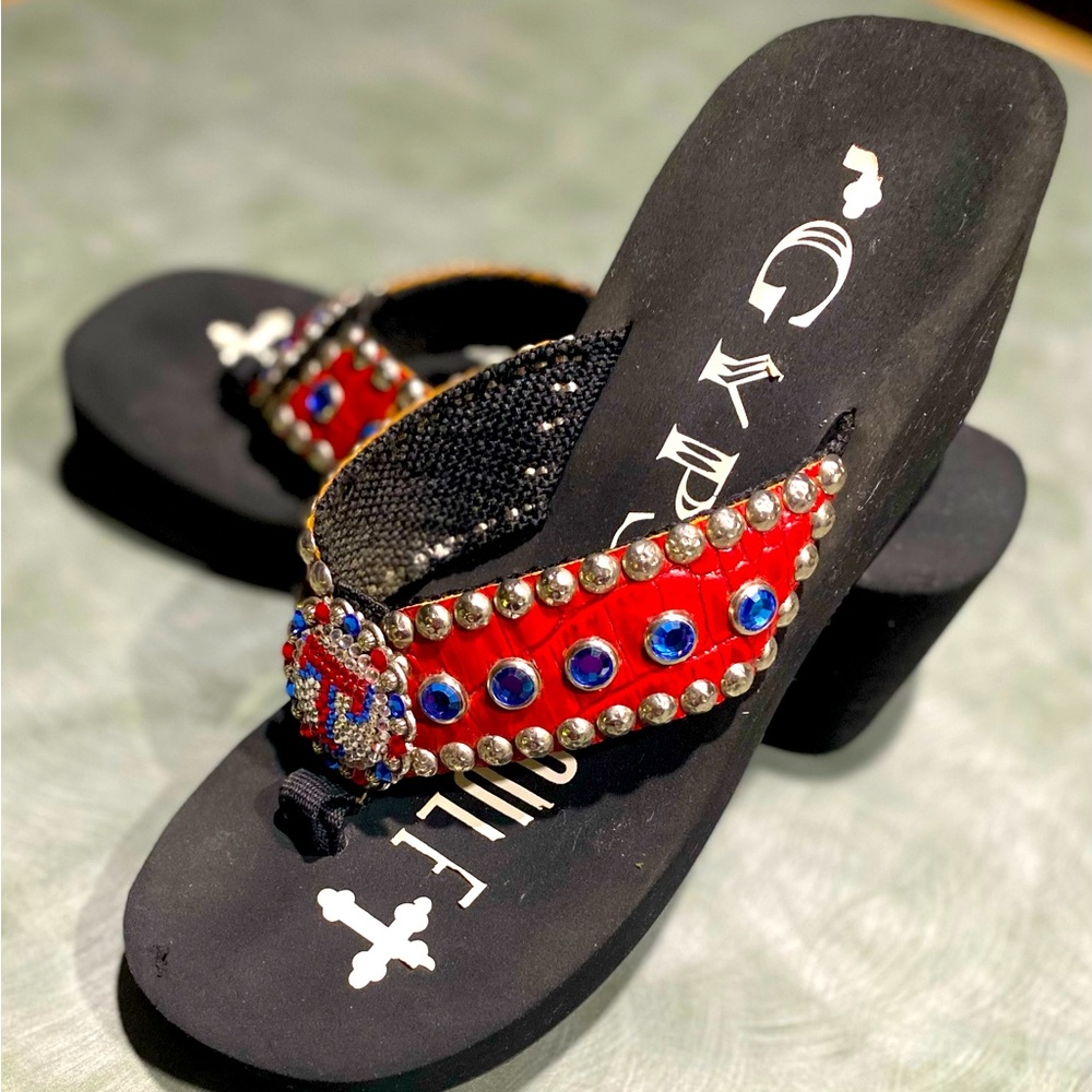 VERY RARE TEXAS RANGERS GYPSY SOULE WEDGE FLIP FLOPS ~ Excellent Condition!